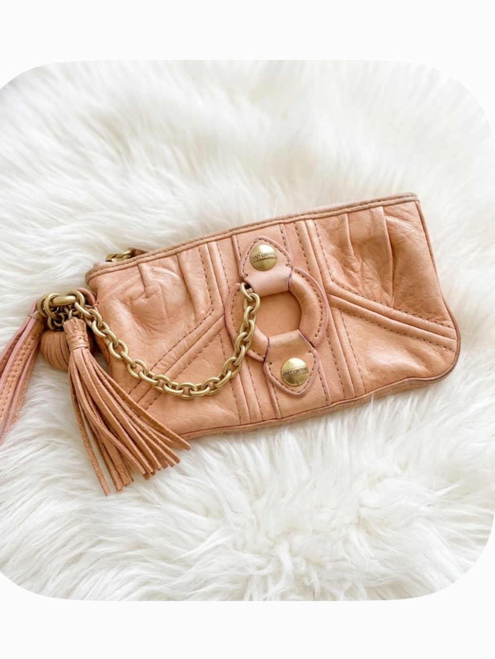 Vintage Y2K Juicy Couture Pink Leather Clutch bag Wristlet KEY FOB CHARMS